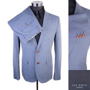 Ted Baker London 2-Pcs Suit Striped Blue Blazer Sz 3 (38) Pants 30X31 Cotton